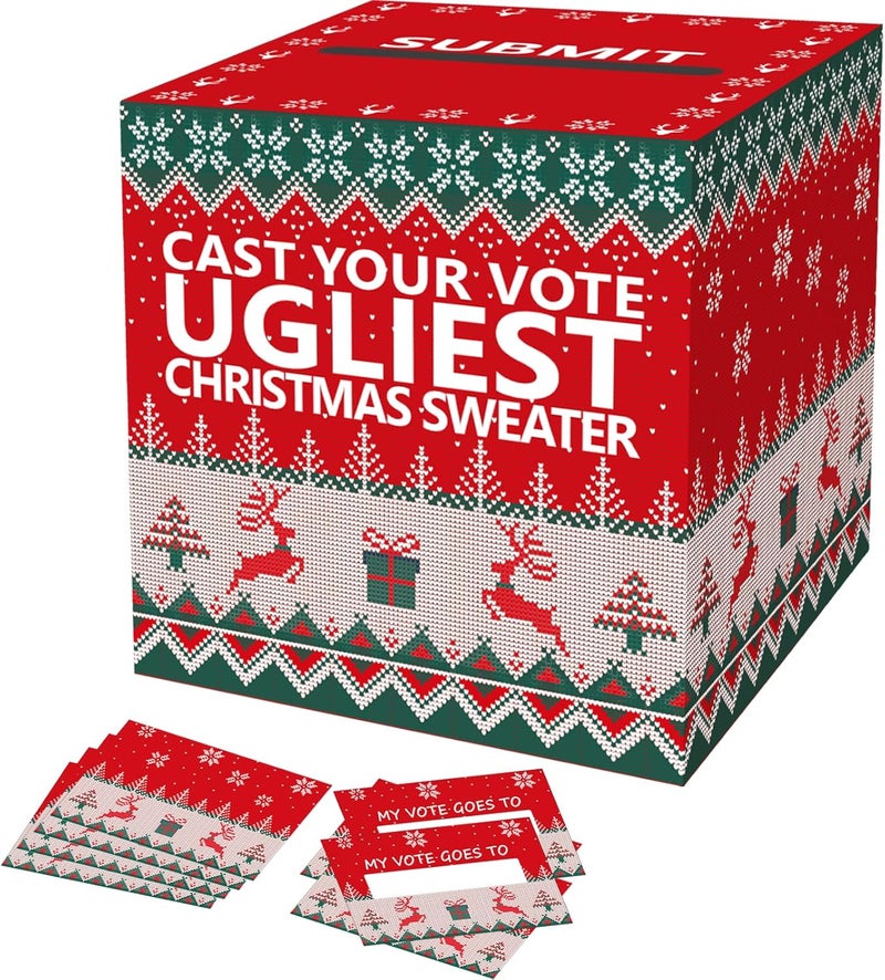 OLIVBIN Ugly Sweater Contest Ballot Box, Voting Card Box Set, Including 50 Voting Cards Sweater Competition Voting Box, Used for Festival Christmas Game Party Decoration, Ugly Sweater Party Supplies - Image 1